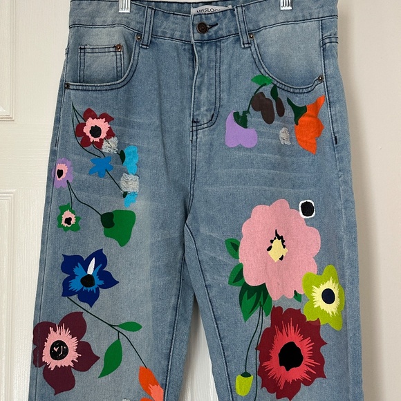Misslook Floral Painted Distressed Mom Jeans High Rise Art To Wear Medium 8-10 - Picture 2 of 7